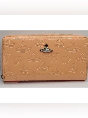 VIVIENNE WESTWOOD Embossed Orb Heart Logo Patent Leather Zip Wallet Peach Pink